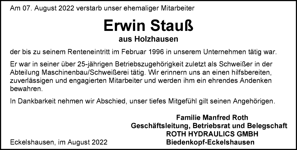  Traueranzeige für Erwin Ludwig Stauß vom 16.08.2022 aus Hinterländer Anzeiger