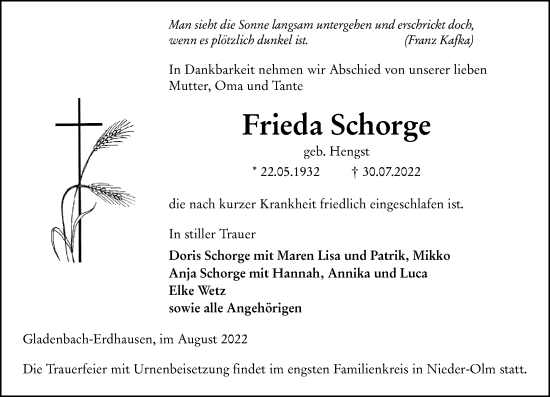 Traueranzeige von Frieda Schorge von Hinterländer Anzeiger