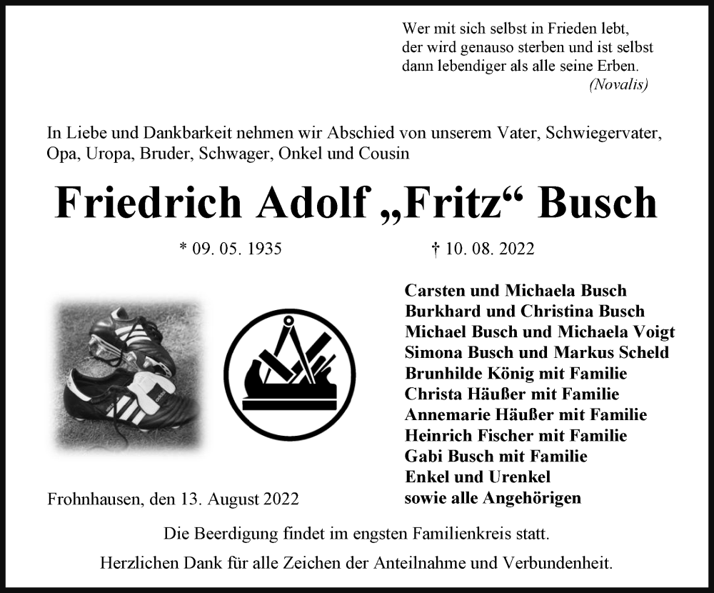  Traueranzeige für Friedrich Adolf  Busch vom 13.08.2022 aus Dill Block