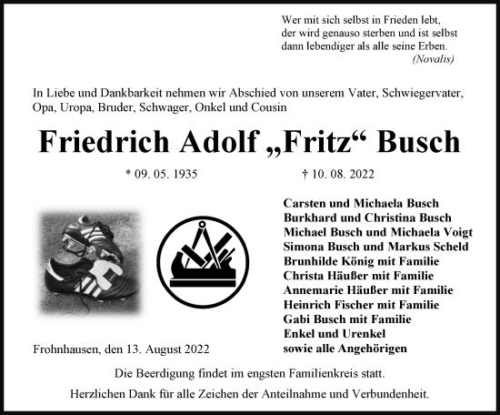 Traueranzeige von Friedrich Adolf  Busch von Dill Block