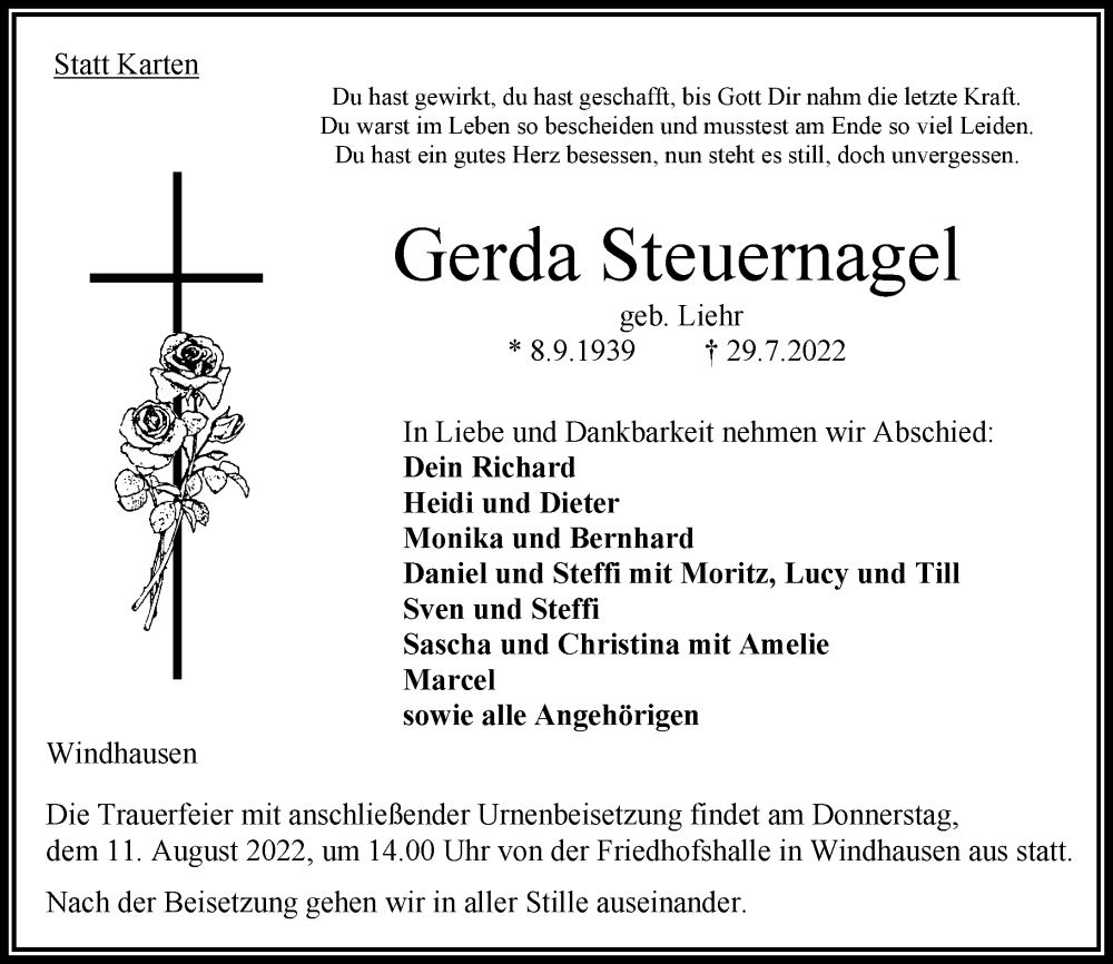  Traueranzeige für Gerda Steuernagel vom 06.08.2022 aus Oberhessische Zeitung
