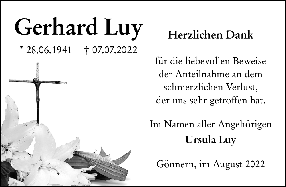  Traueranzeige für Gerhard Luy vom 13.08.2022 aus Hinterländer Anzeiger