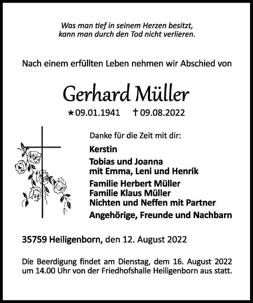  Traueranzeige für Gerhard Mütter vom 12.08.2022 aus Dill Block