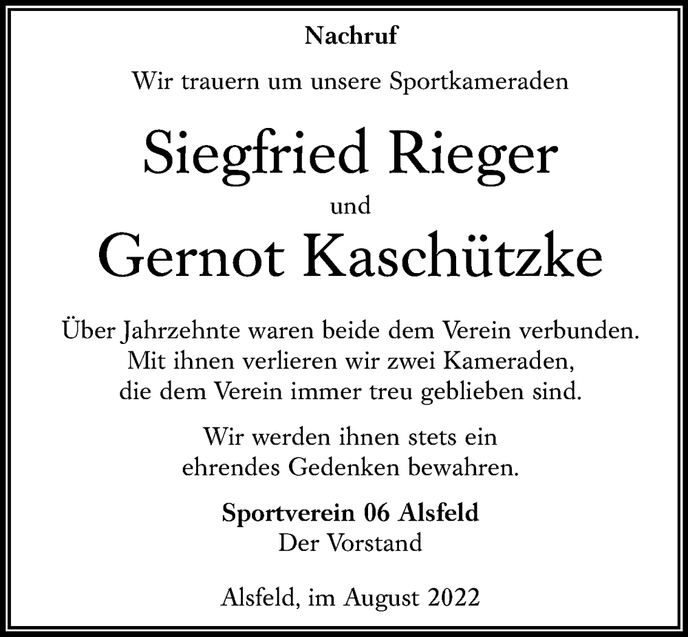  Traueranzeige für Gernot Kaschützke vom 06.08.2022 aus Oberhessische Zeitung