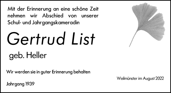 Traueranzeige von Gertrud List von Weilburger Tageblatt