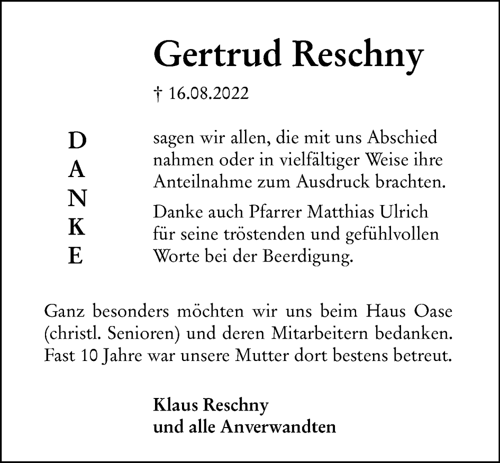  Traueranzeige für Gertrud Reschny vom 06.08.2022 aus Hinterländer Anzeiger