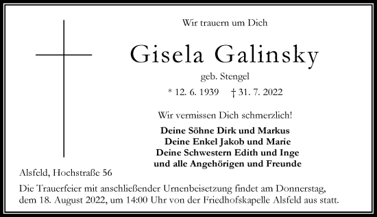 Traueranzeige von Gisela Galinsky von Oberhessische Zeitung
