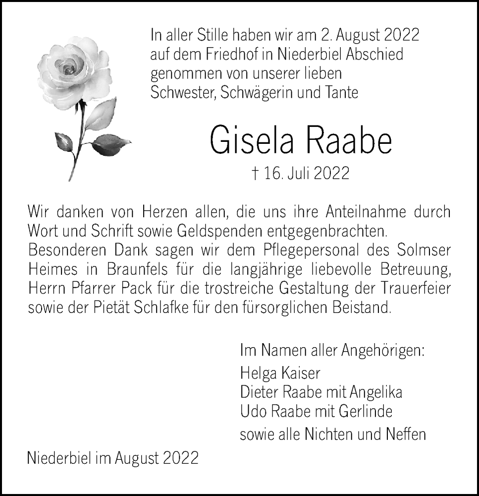  Traueranzeige für Gisela Raabe vom 13.08.2022 aus Dill Block