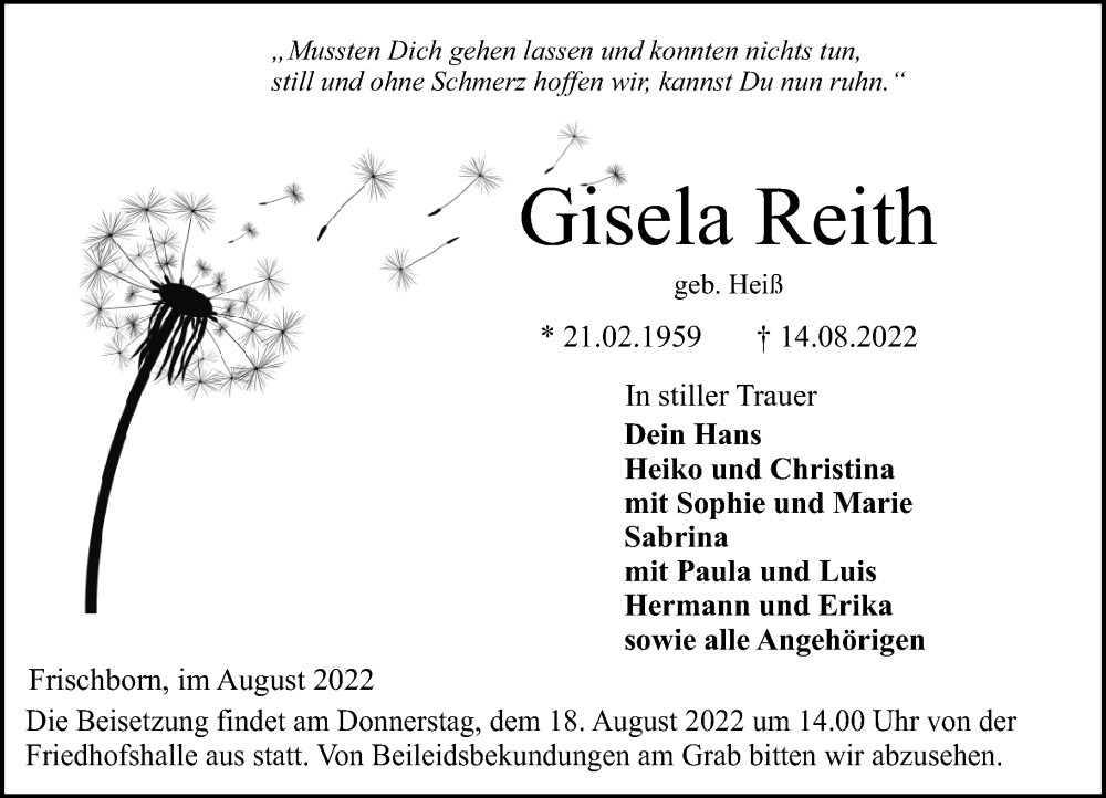  Traueranzeige für Gisela Reith vom 17.08.2022 aus Lauterbacher Anzeiger