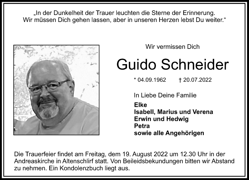  Traueranzeige für Guido Schneider vom 13.08.2022 aus Lauterbacher Anzeiger