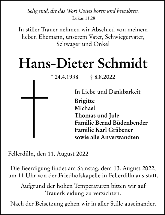 Traueranzeige von Hans-Dieter Schmidt von Dill Block