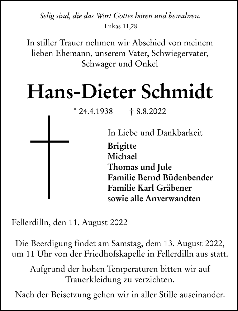  Traueranzeige für Hans-Dieter Schmidt vom 11.08.2022 aus Dill Block