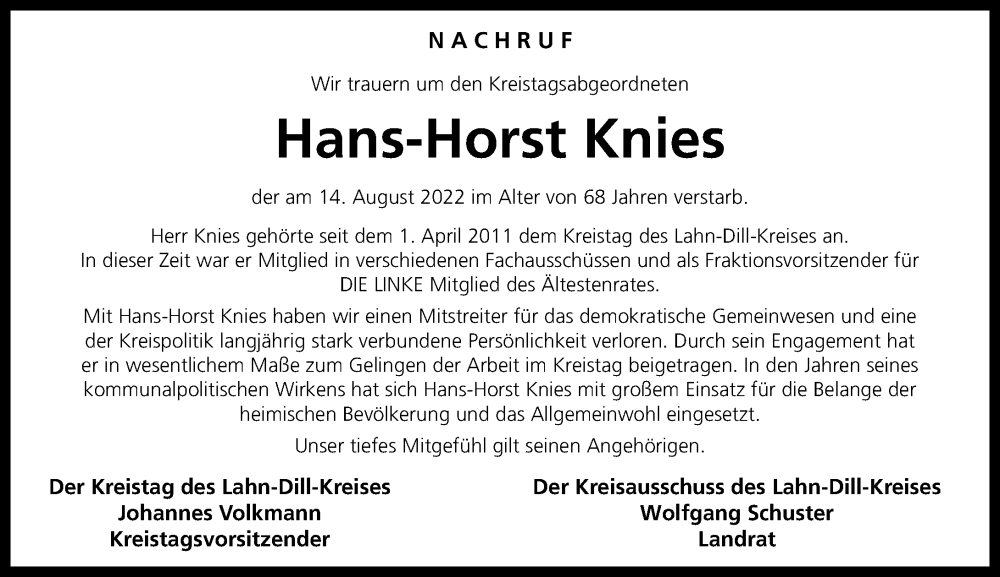  Traueranzeige für Hans-Horst Knies vom 20.08.2022 aus Wetzlarer Neue Zeitung