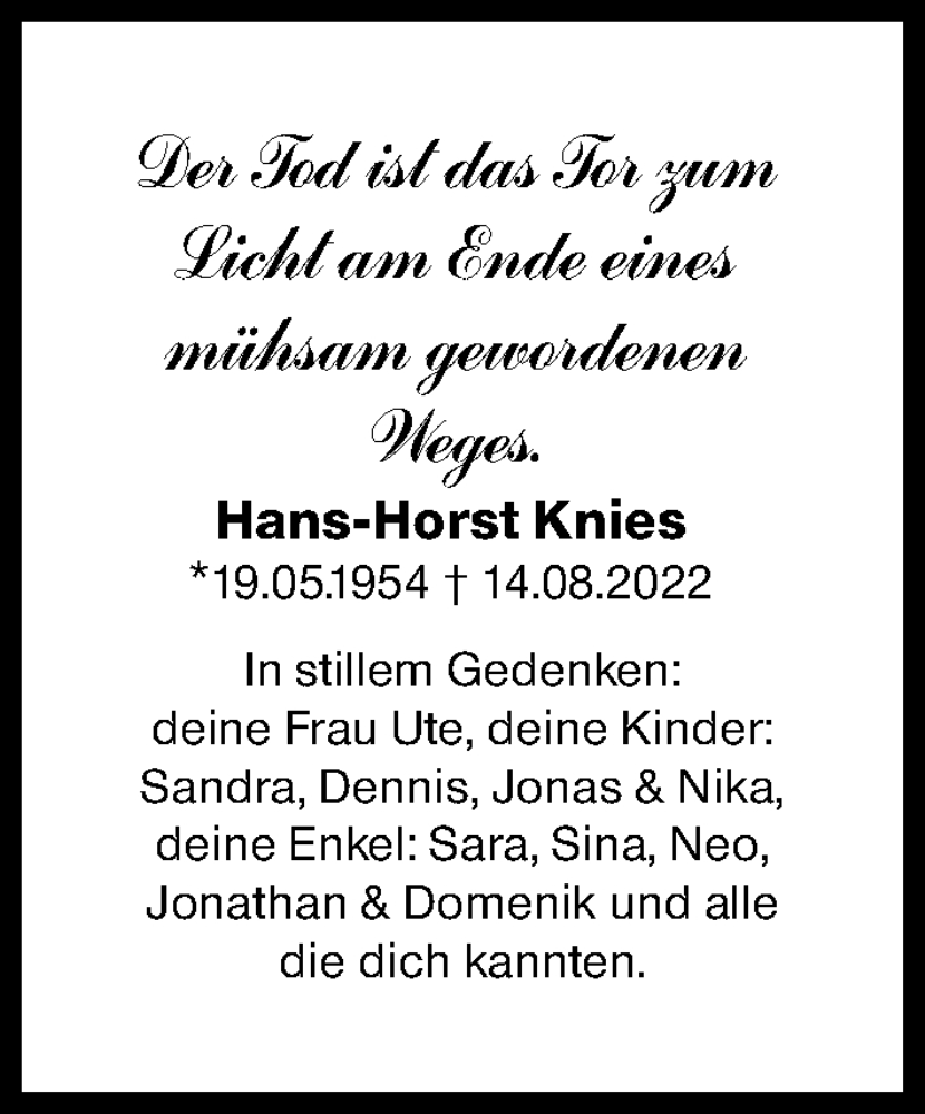  Traueranzeige für Hans-Horst Knies vom 18.08.2022 aus Wetzlarer Neue Zeitung