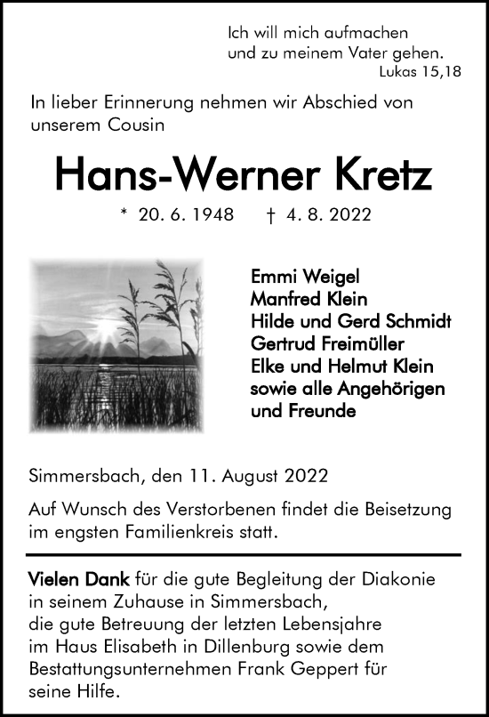 Traueranzeige von Hans-Werner Kretz von Dill Block