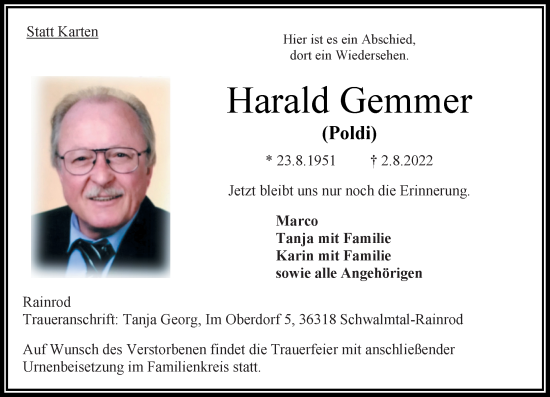 Traueranzeige von Harald Gemmer von Oberhessische Zeitung