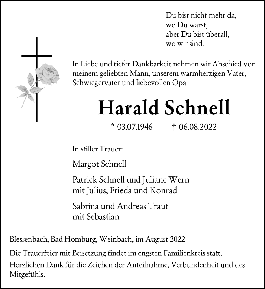  Traueranzeige für Harald Schnell vom 13.08.2022 aus Weilburger Tageblatt
