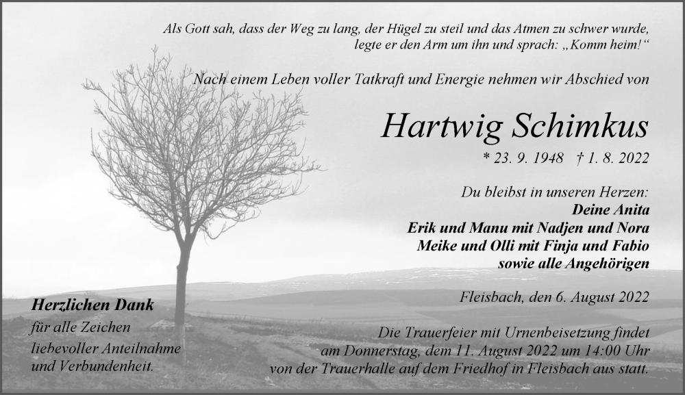  Traueranzeige für Hartwig Schimkus vom 06.08.2022 aus Wetzlarer Neue Zeitung