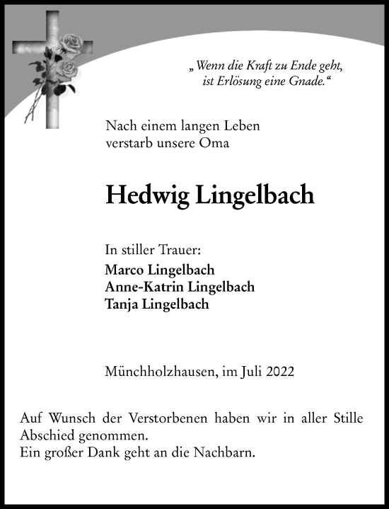 Traueranzeige von Hedwig Lingelbach von Wetzlarer Neue Zeitung