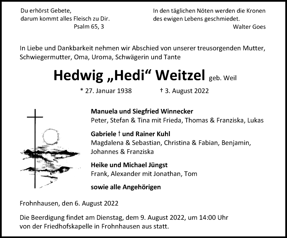  Traueranzeige für Hedwig Weitzel vom 06.08.2022 aus Dill Block