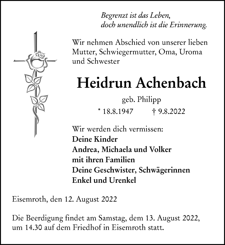  Traueranzeige für Heidrun Achenbach vom 12.08.2022 aus Dill Block