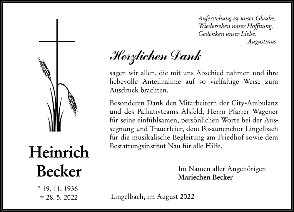  Traueranzeige für Heinrich Becker vom 13.08.2022 aus Oberhessische Zeitung