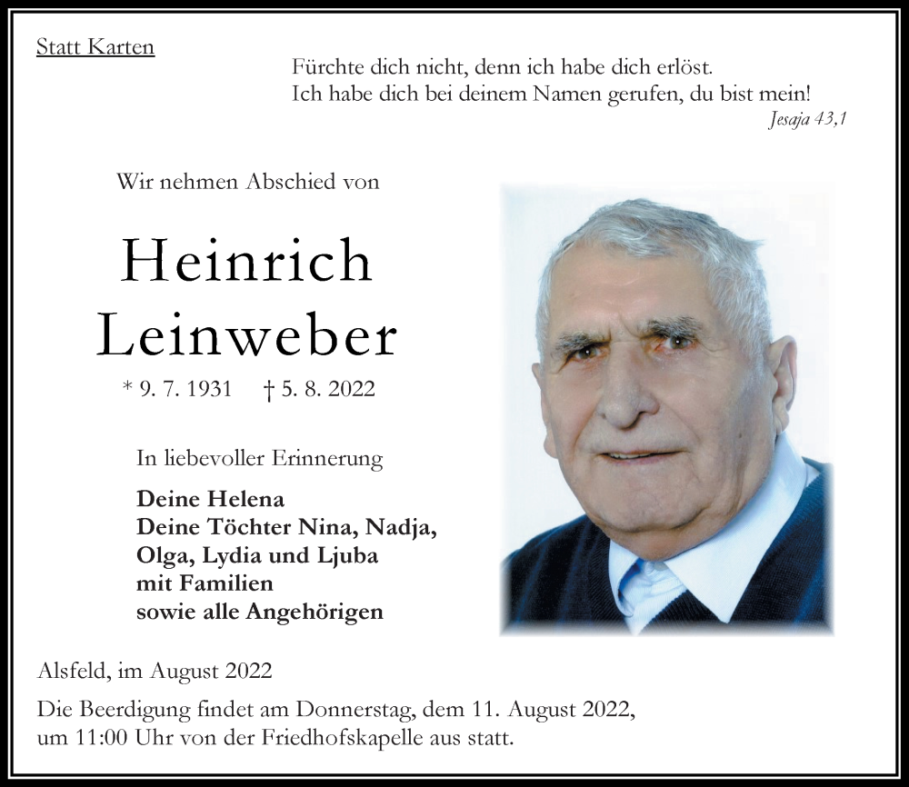  Traueranzeige für Heinrich Leinweber vom 09.08.2022 aus Oberhessische Zeitung