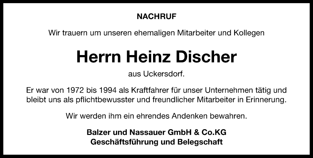  Traueranzeige für Heinz Discher vom 04.08.2022 aus Dill Block