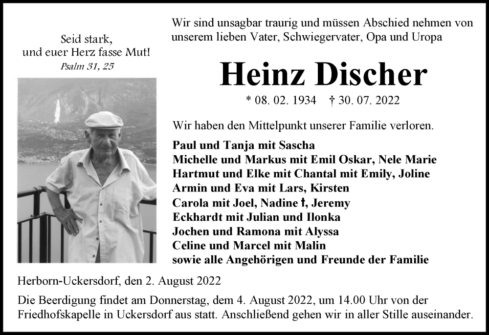  Traueranzeige für Heinz Discher vom 02.08.2022 aus Hinterländer Anzeiger