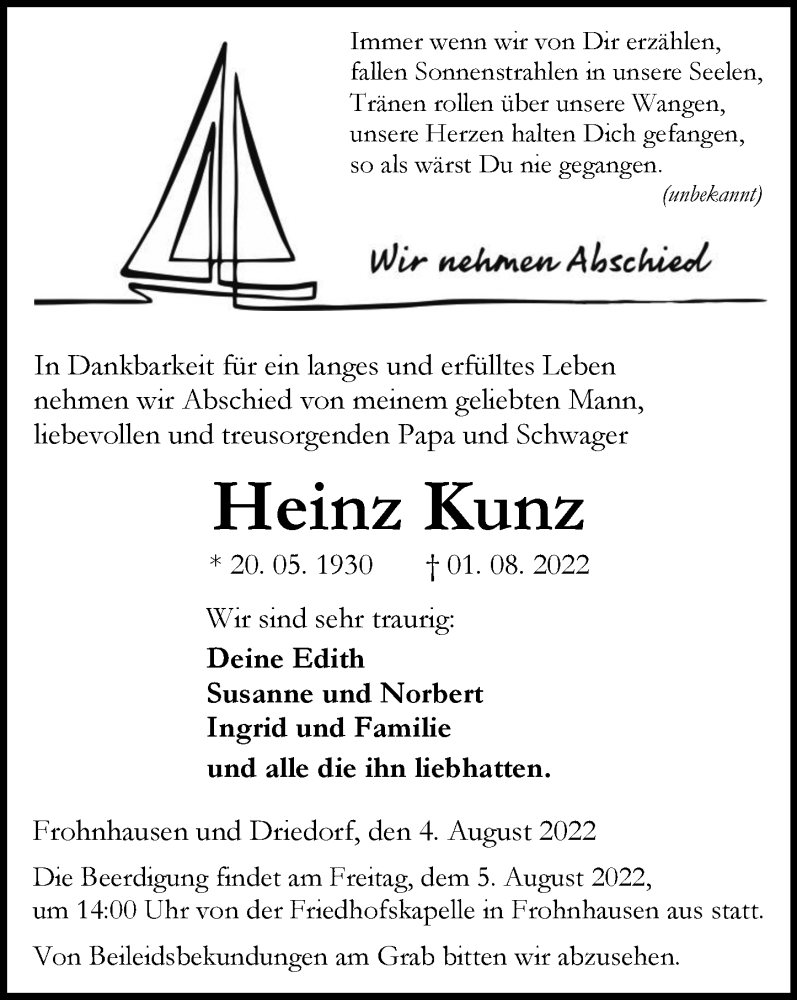  Traueranzeige für Heinz Kunz vom 04.08.2022 aus Dill Block