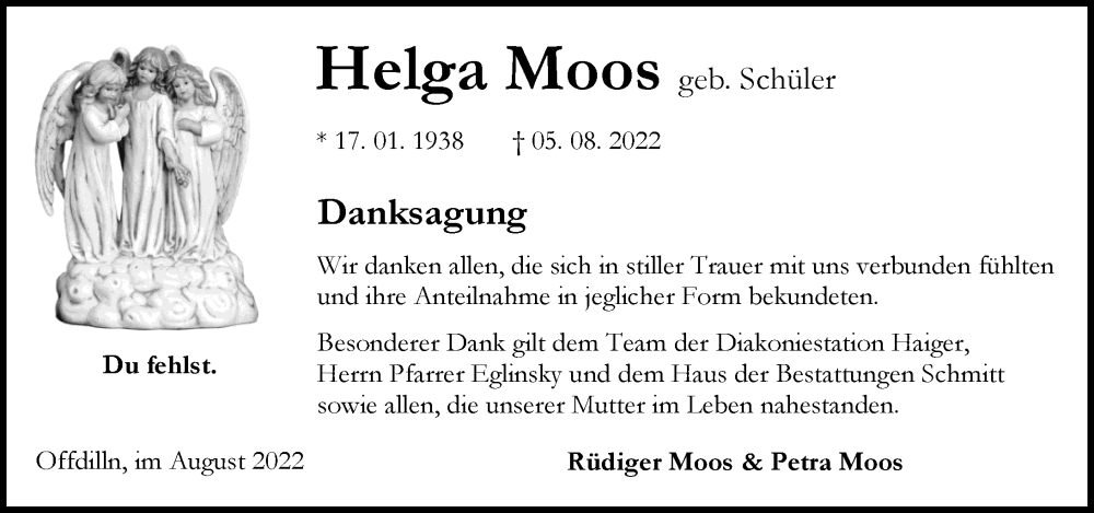  Traueranzeige für Helga Moos vom 27.08.2022 aus Dill Block