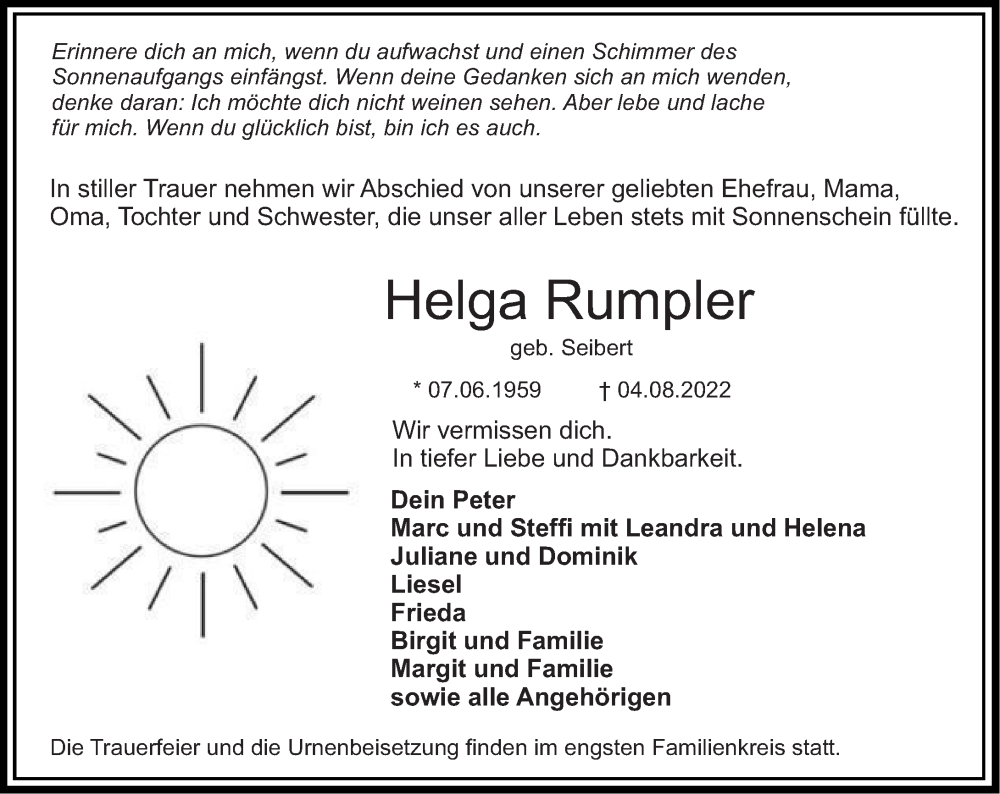  Traueranzeige für Helga Rumpler vom 08.08.2022 aus VRM Trauer