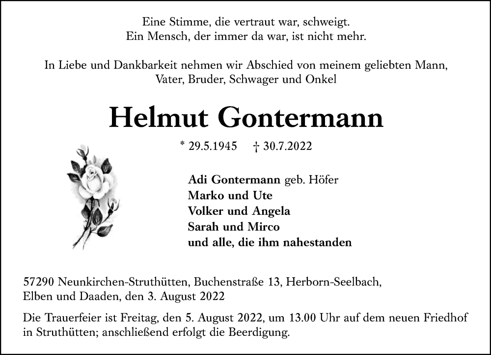  Traueranzeige für Helmut Gontermann vom 03.08.2022 aus Dill Block