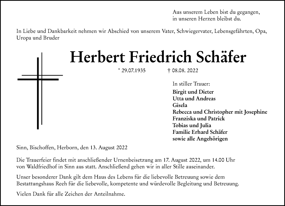  Traueranzeige für Herbert Friedrich Schäfer vom 13.08.2022 aus Dill Block