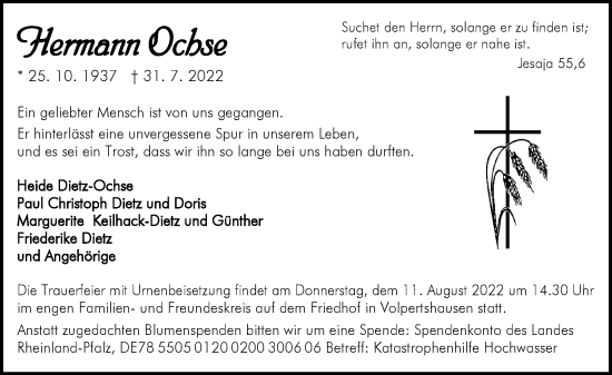 Traueranzeige von Hermann Ochse von Wetzlarer Neue Zeitung