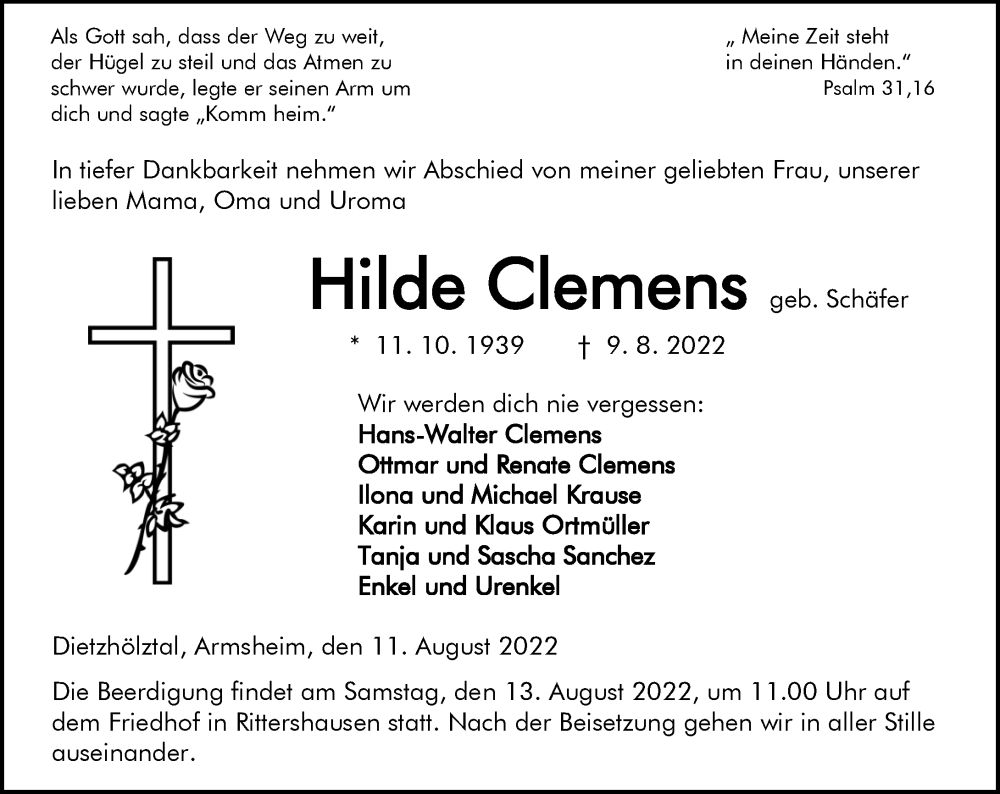  Traueranzeige für Hilde Clemens vom 11.08.2022 aus Dill Block