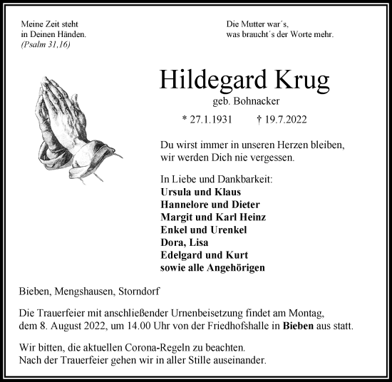 Traueranzeige von Hildegard Krug von Oberhessische Zeitung