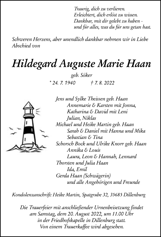 Traueranzeige von Hildegard Auguste Marie Haan von Dill Block