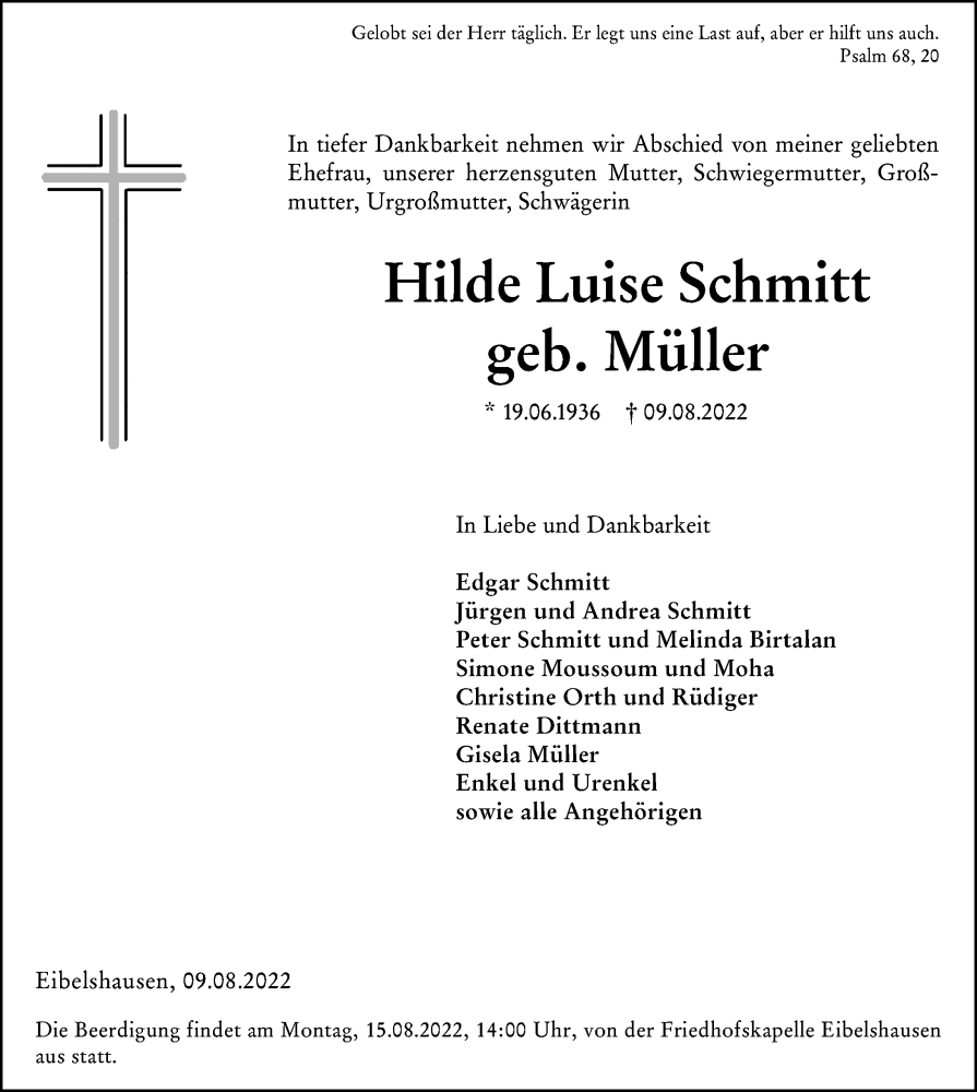  Traueranzeige für Hilde Luise Schmitt vom 12.08.2022 aus Dill Block