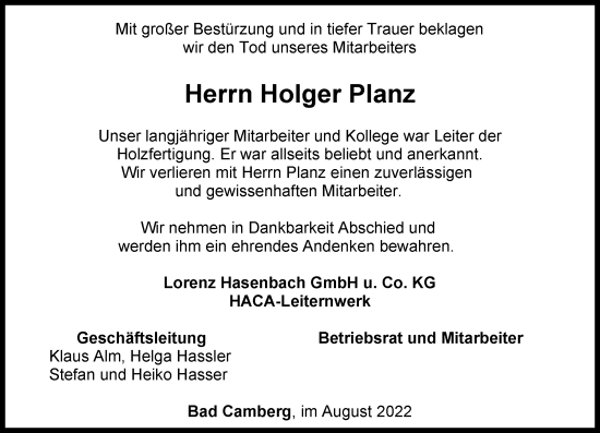 Traueranzeige von Holger Planz von Camberger Anzeiger