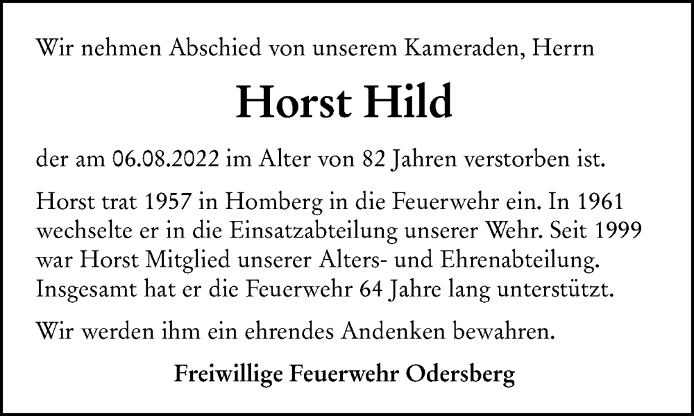  Traueranzeige für Horst Hild vom 12.08.2022 aus Dill Block