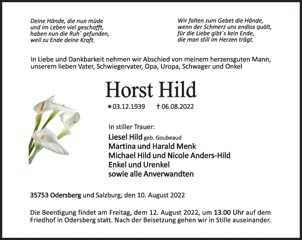  Traueranzeige für Horst Hild vom 10.08.2022 aus Dill Block