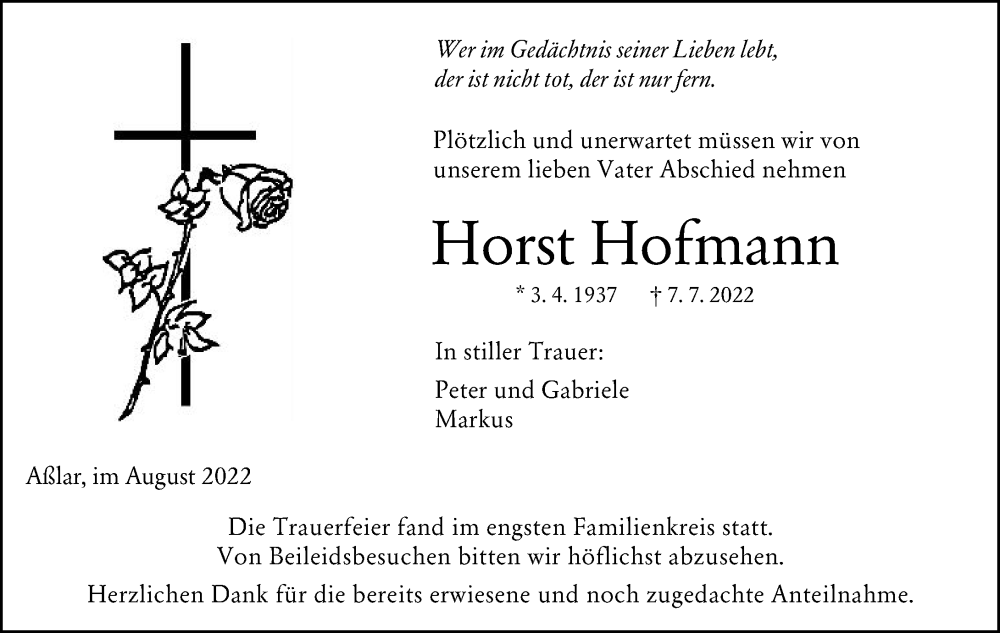  Traueranzeige für Horst Hofmann vom 06.08.2022 aus Wetzlarer Neue Zeitung