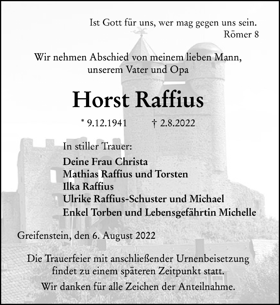  Traueranzeige für Horst Raffius vom 06.08.2022 aus Wetzlarer Neue Zeitung