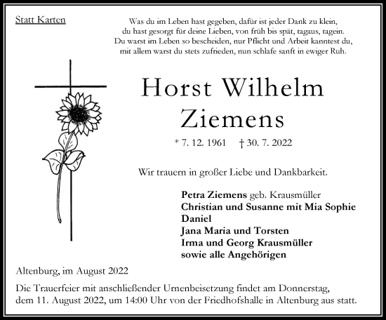Traueranzeige von Horst Wilhelm Ziemens von Oberhessische Zeitung