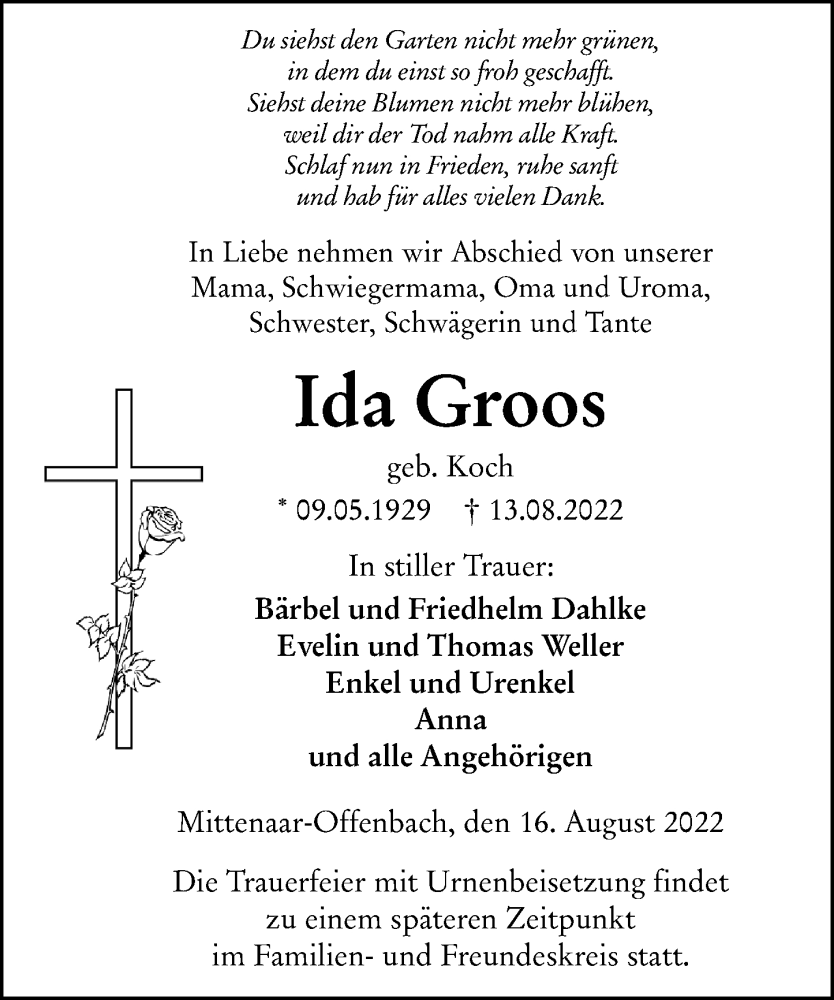  Traueranzeige für Ida Groos vom 16.08.2022 aus Dill Block
