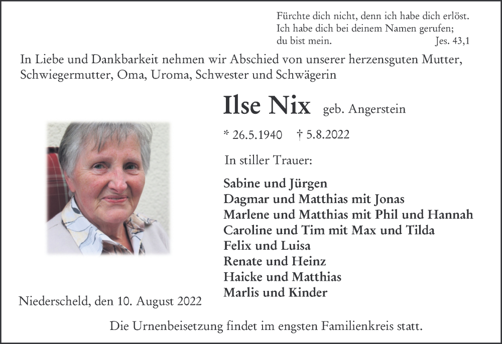  Traueranzeige für Ilse Nix vom 10.08.2022 aus Dill Block