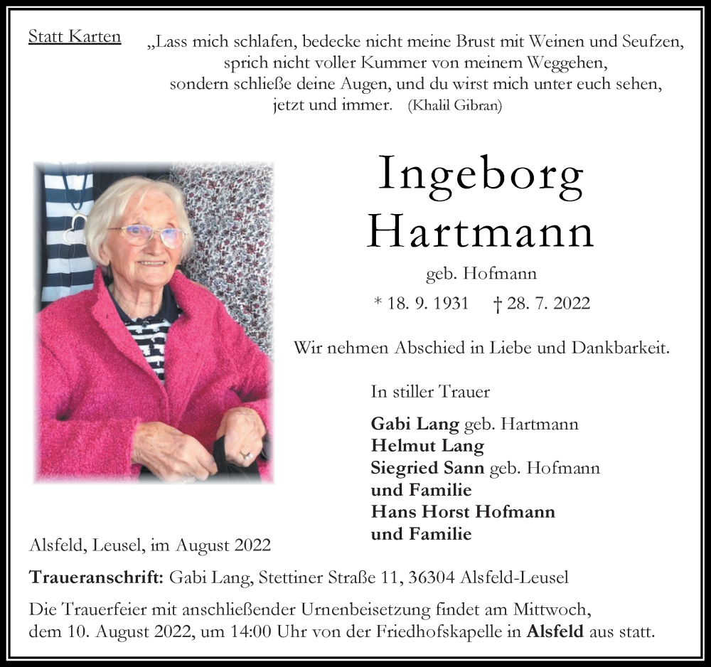  Traueranzeige für Ingeborg Hartmann vom 06.08.2022 aus Oberhessische Zeitung