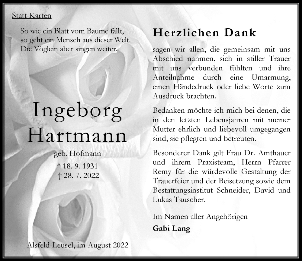  Traueranzeige für Ingeborg Hartmann vom 27.08.2022 aus OK Oberhessen Kurier