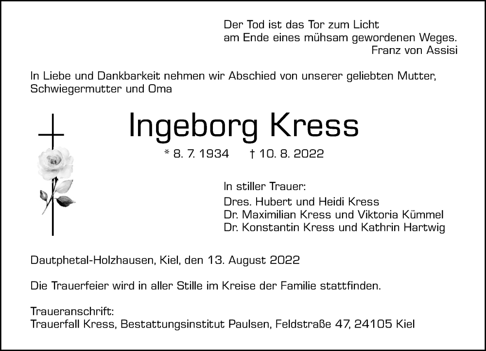  Traueranzeige für Ingeborg Kress vom 13.08.2022 aus Hinterländer Anzeiger